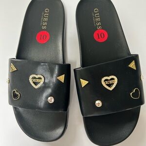 Guess Black Slides with Gold Heart Details Y2K Beach Sandals Shoes NWT